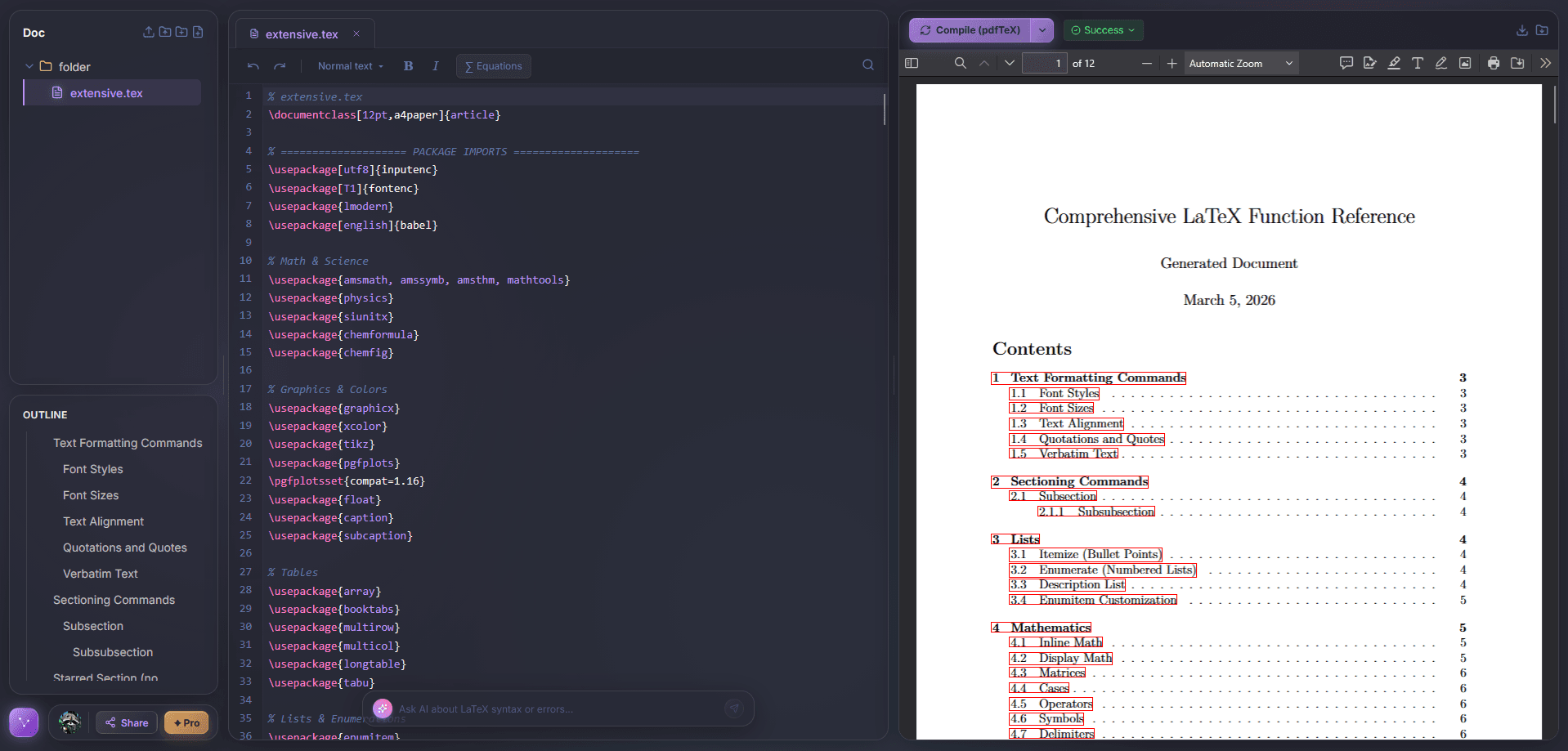 Collabula editor showing a LaTeX document with syntax highlighting, file tree, outline panel, and live PDF preview